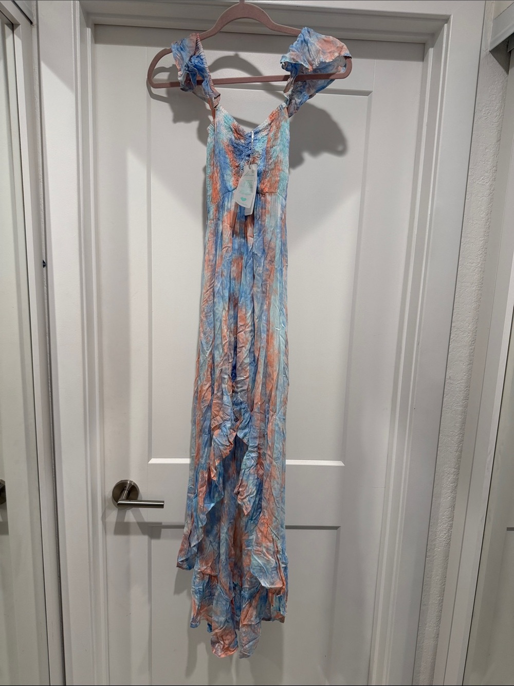 Tiare Hawaii Blue and Peach Ruffle Maxi Dress